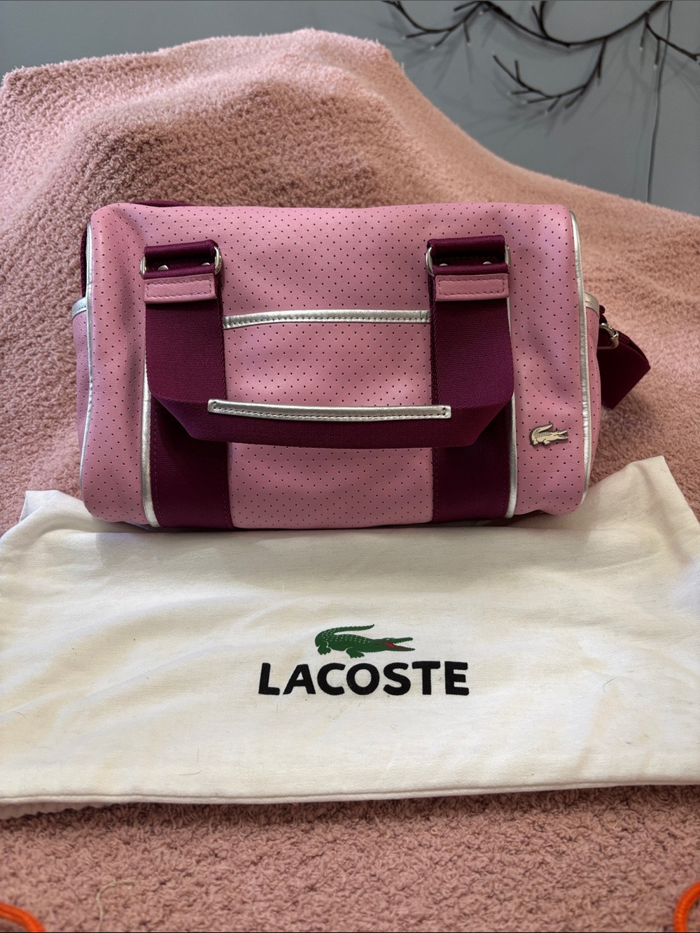 Lacoste Two-Tone Pink and Burgundy Perforated Shoulder Bag with Silver Trim